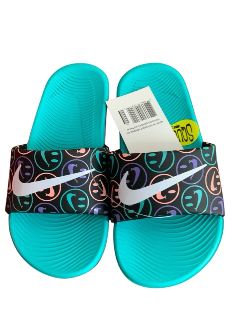 Nike Kids' Toddler Teal Slide Sandals with Multicolor Smiley-Print Strap